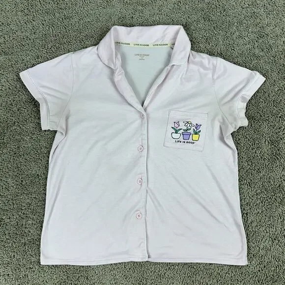 Life Is Good Top Womens S Pink Sleep Shirt Flower Pots Button Front Pajamas READ - Picture 1 of 11
